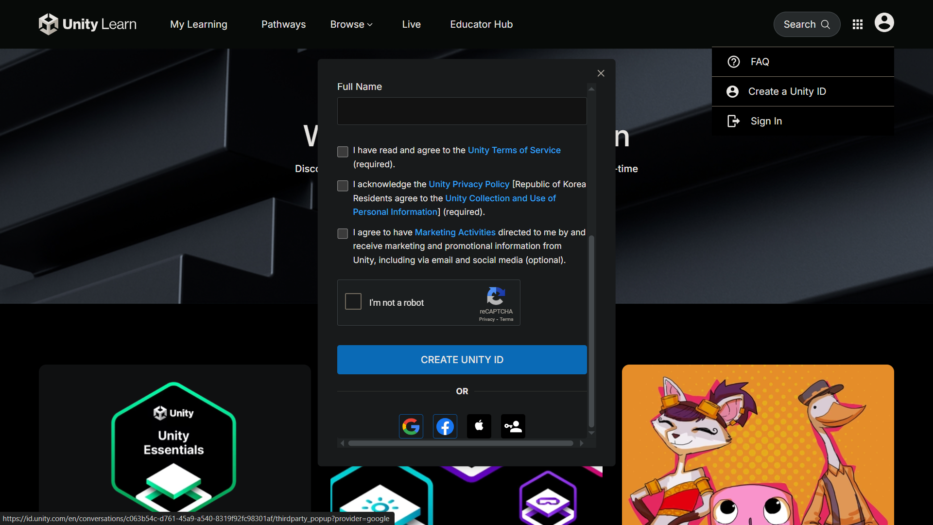 Create Unity ID